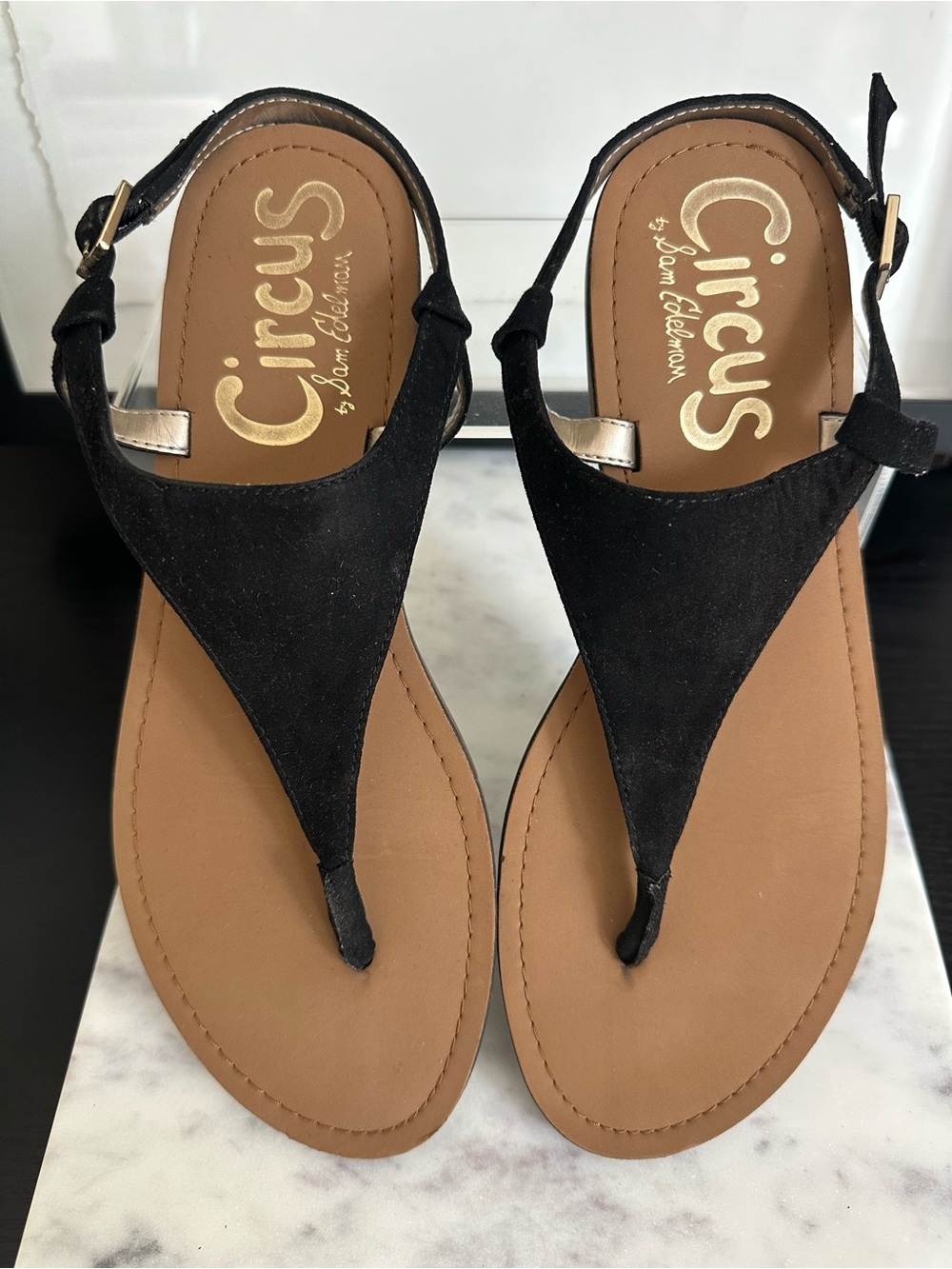 Circus by Sam Edelman Black Suede T-Strap Sandals with Tan Footbed